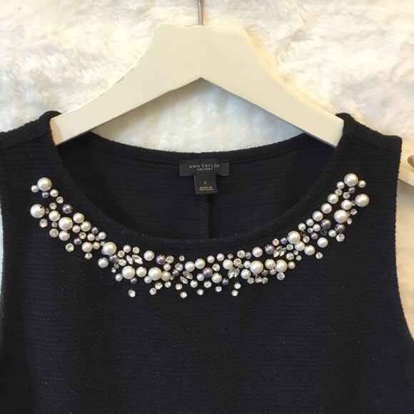 Ann Taylor Pearls Detailed Neckline Black Tank Top - Picture 2 of 9